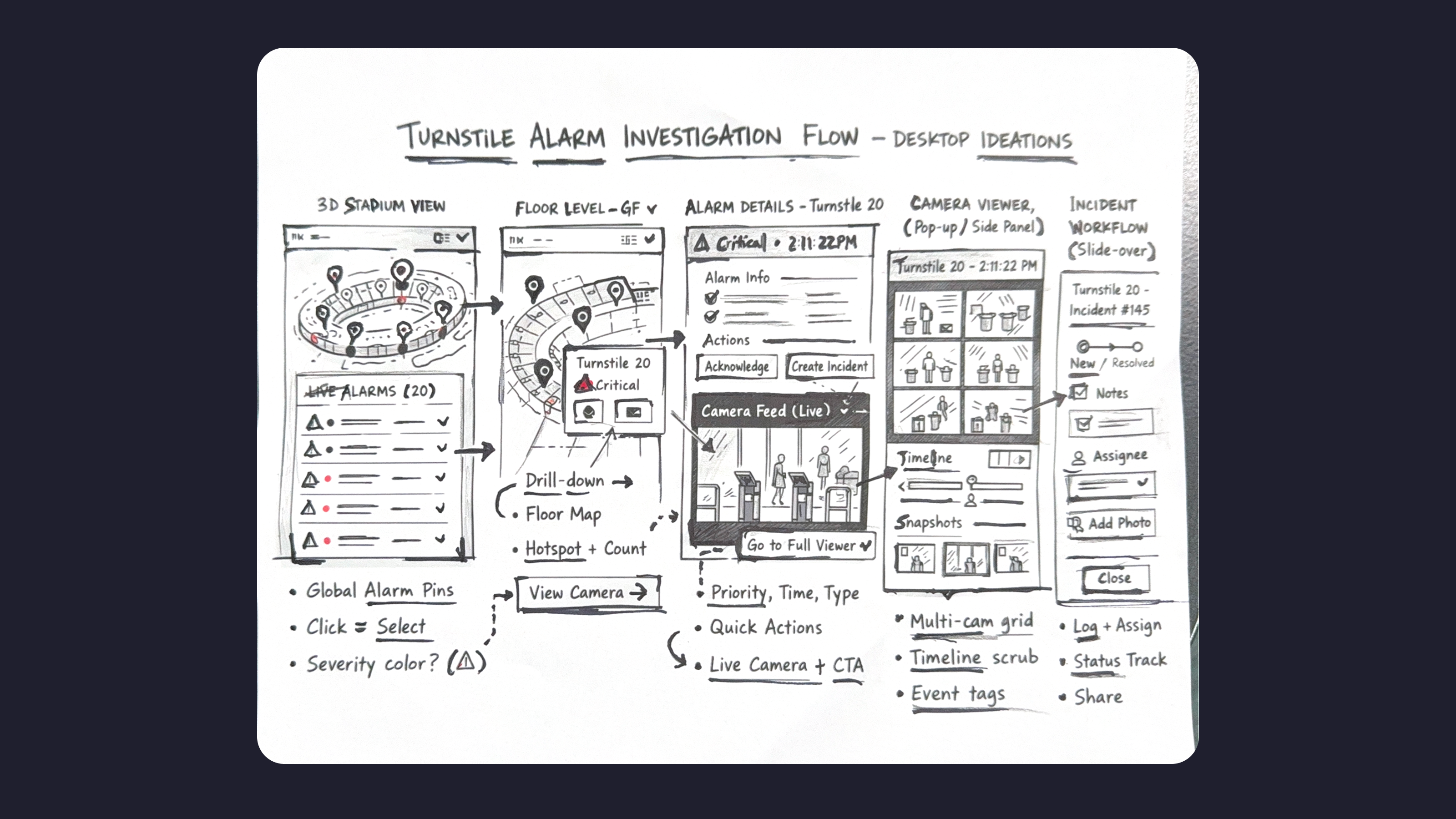 Early sketch mapping the Security Operations Manager's turnstile alarm workflow across five disconnected applications