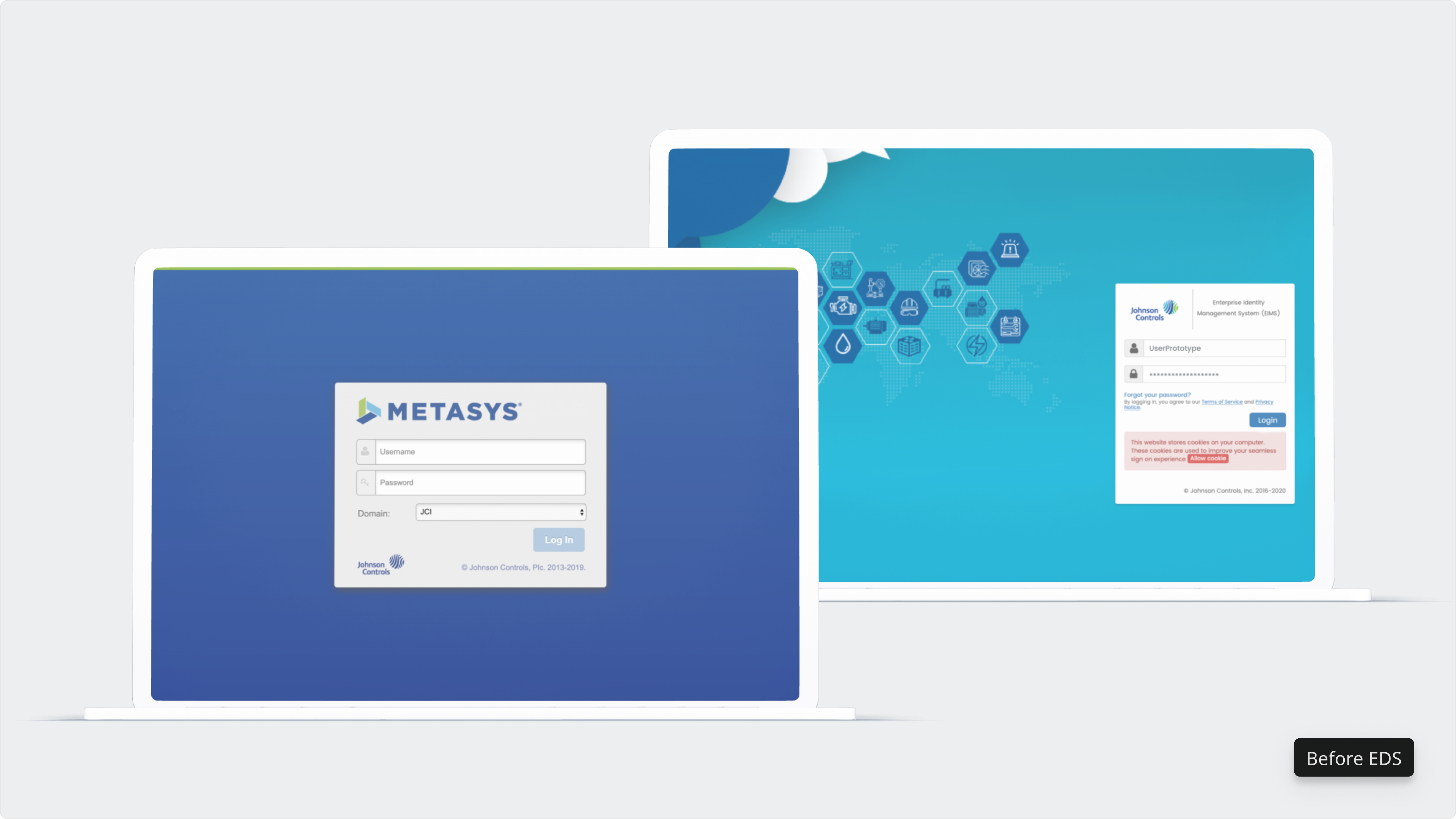 Desktop login screens for Metasys and OpenBlue Enterprise Manager showing no shared visual language