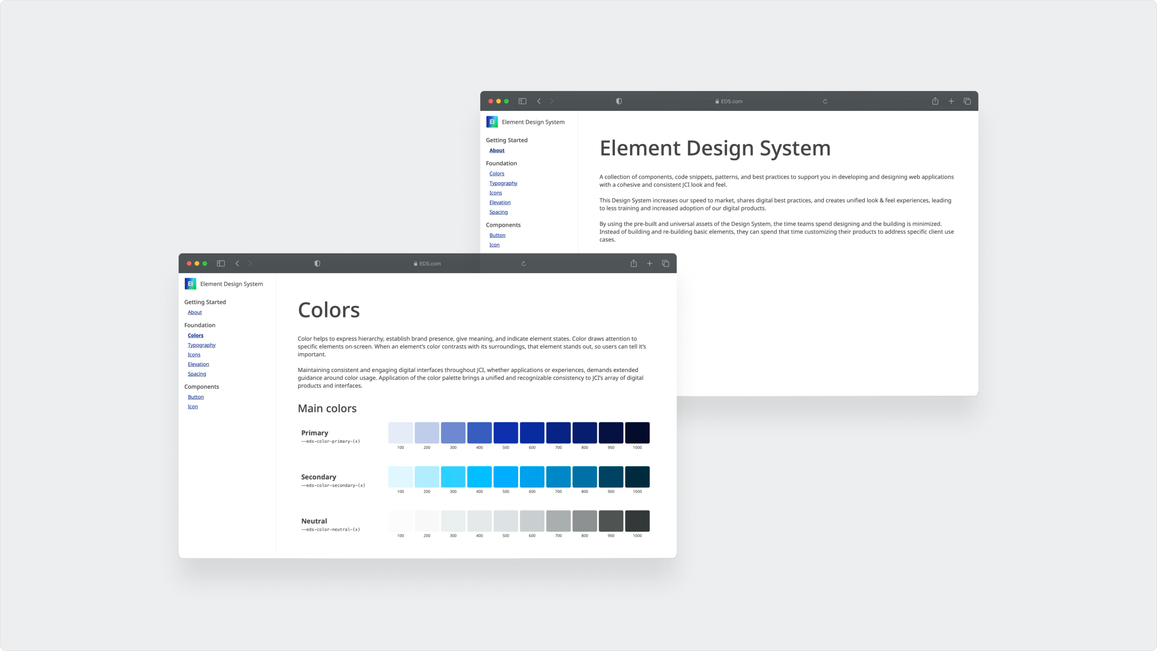 Developer guidelines showing token names, hex values, and WCAG contrast ratios